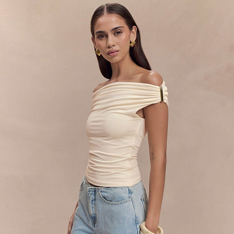 Slim Fit Off-Shoulder Pleated Blouse